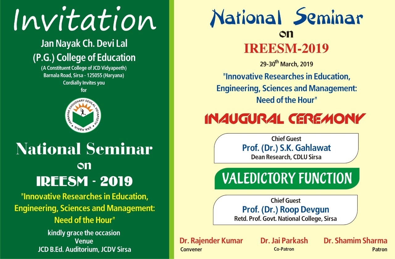 Two Day National Seminar Will Organized on Friday – JCD PG College of Education, Sirsa